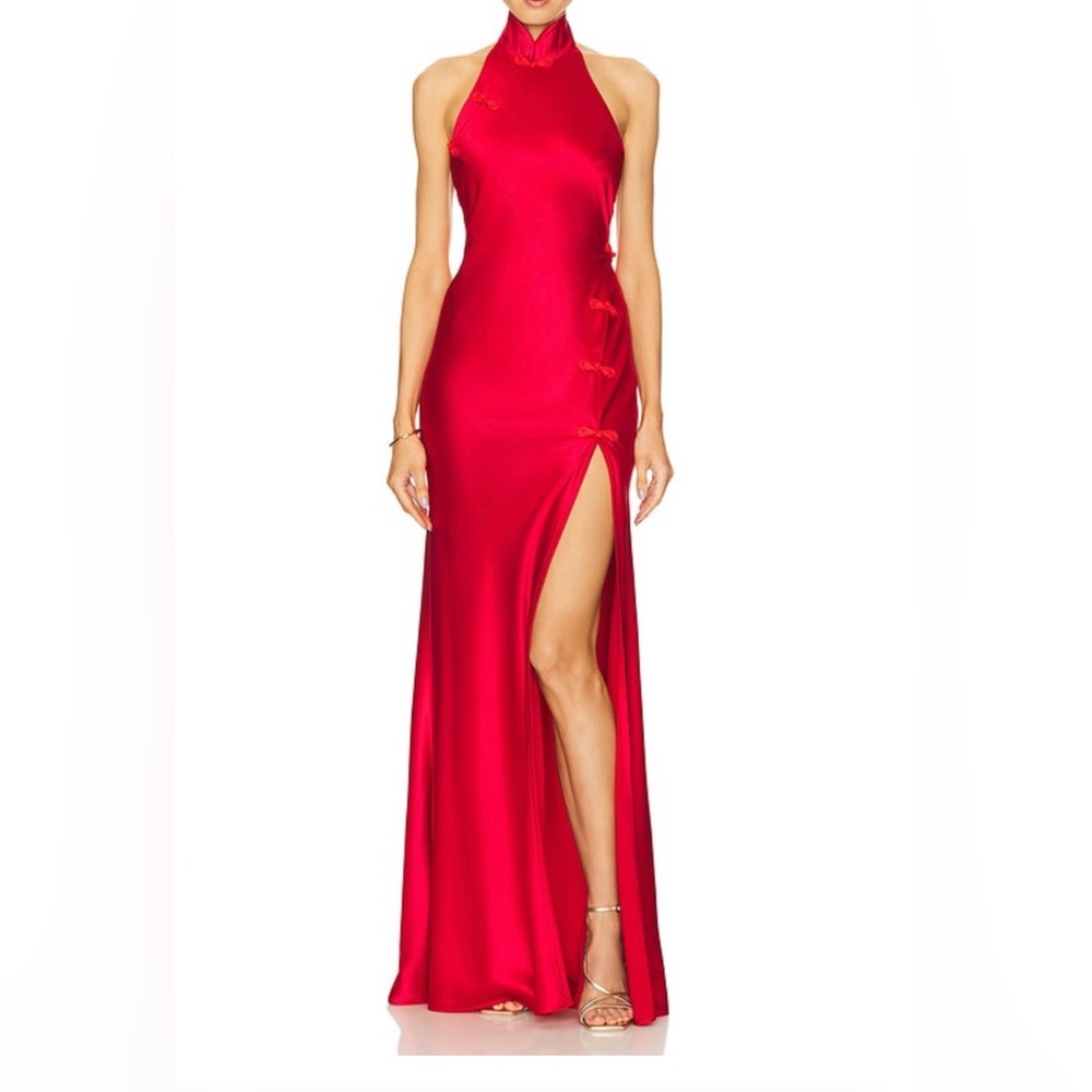 Elegant Terracotta Satin High Neck Sleeveless Gown. - Picture 7 of 9